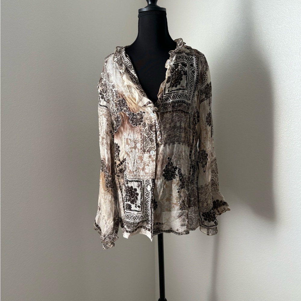 Gaia Nilo Tan, Cream, and Brown Long Sleeved Sheer Patterned Blouse- Size Large